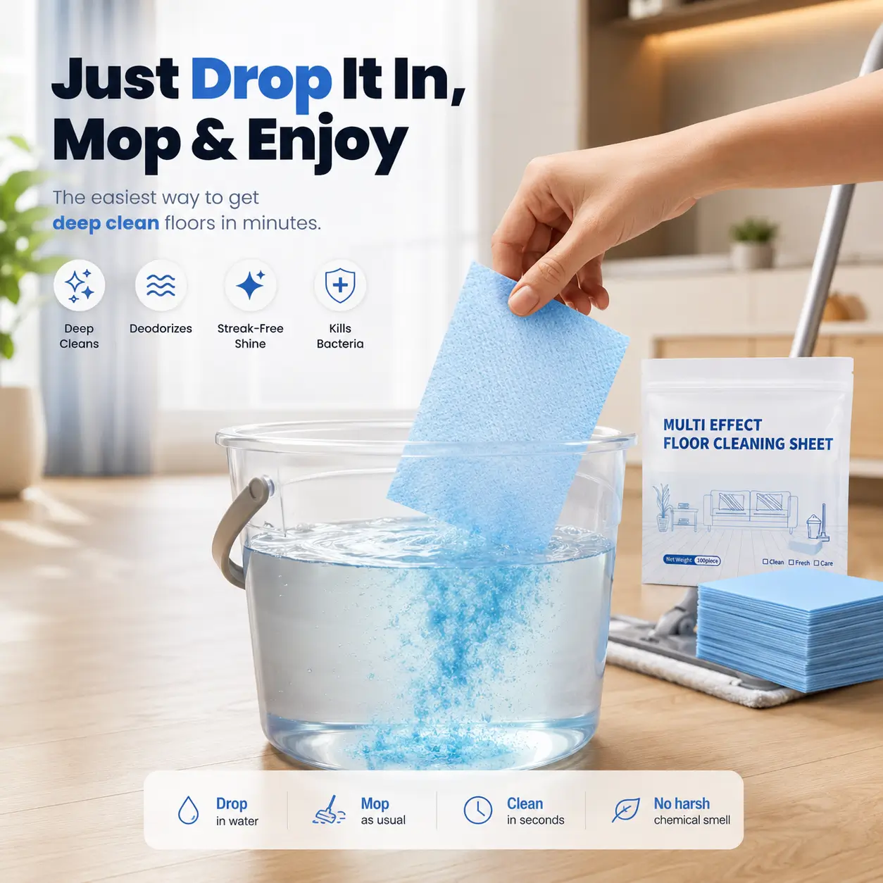 Multi Effect Floor Cleaning Sheet — Drop in water, mop, enjoy